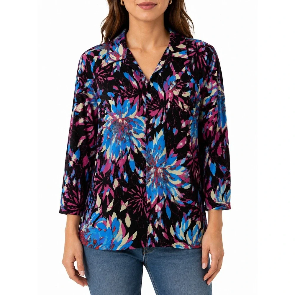 Chico's Travelers Jacket Women Size 2 Multicolor Floral Knit Open Front Casual